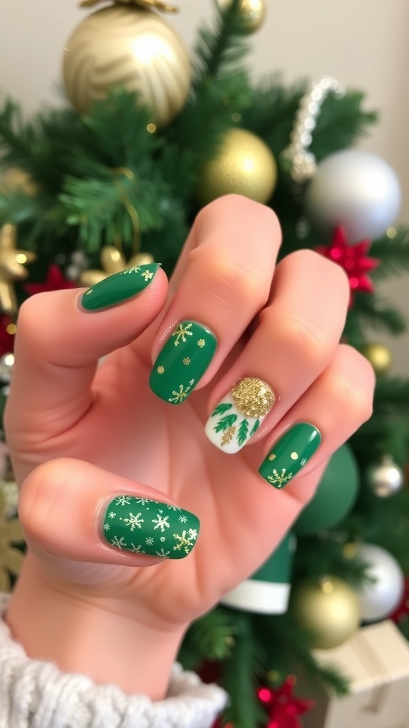Festive Green Christmas and New Year Nail Designs Festive green nails with gold glitter and holiday designs on a decorated table.